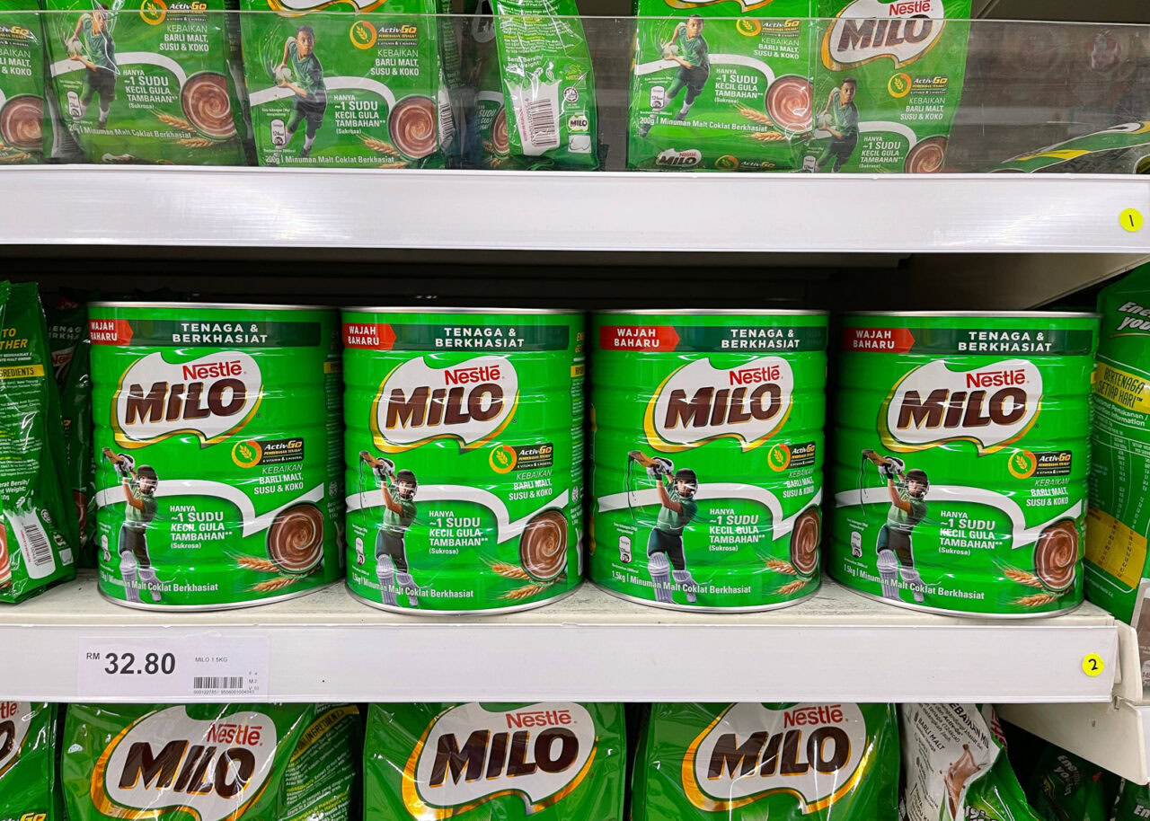 Cans of milo on a supermarket shelf in Malaysia